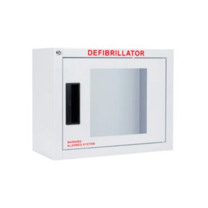 side view of alarmed AED cabinet